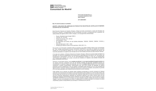 Información por orden la Dirección General de Industria, Energía y Minas de la Comunidad de Madrid